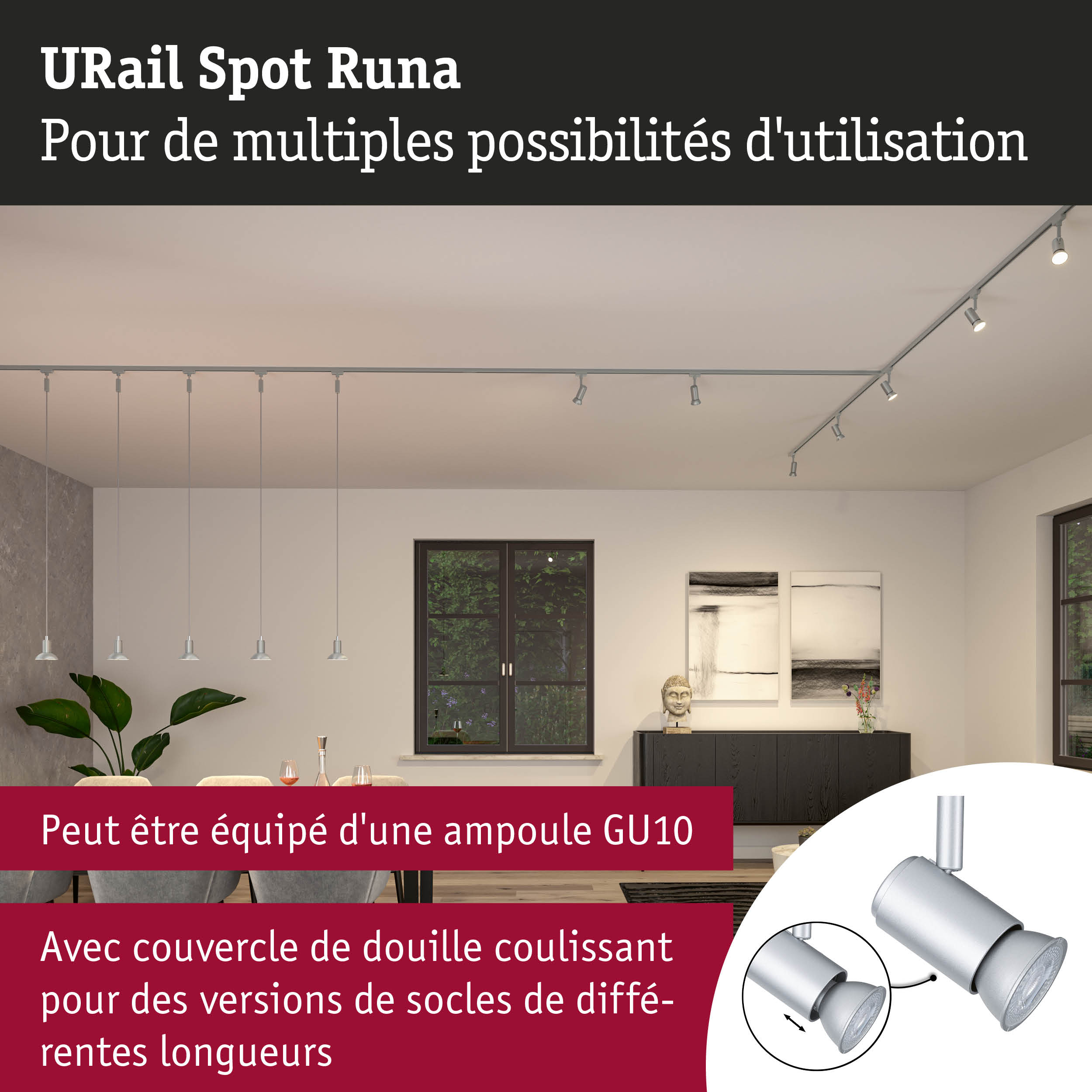 URail Spot Runa spot en aluminium argenté avec douille GU10 pour éclairage polyvalent
