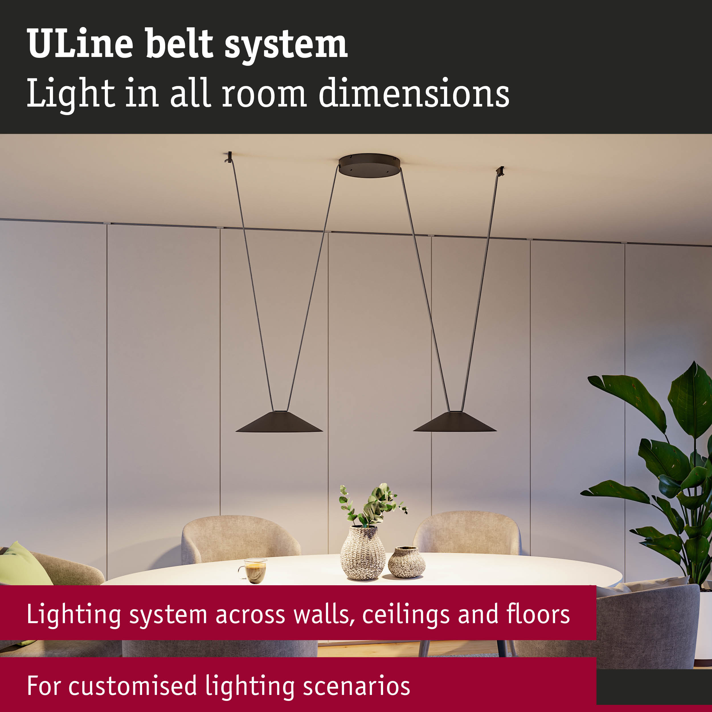 Modern ULine lighting system with black pendant lamps above round dining table in living room