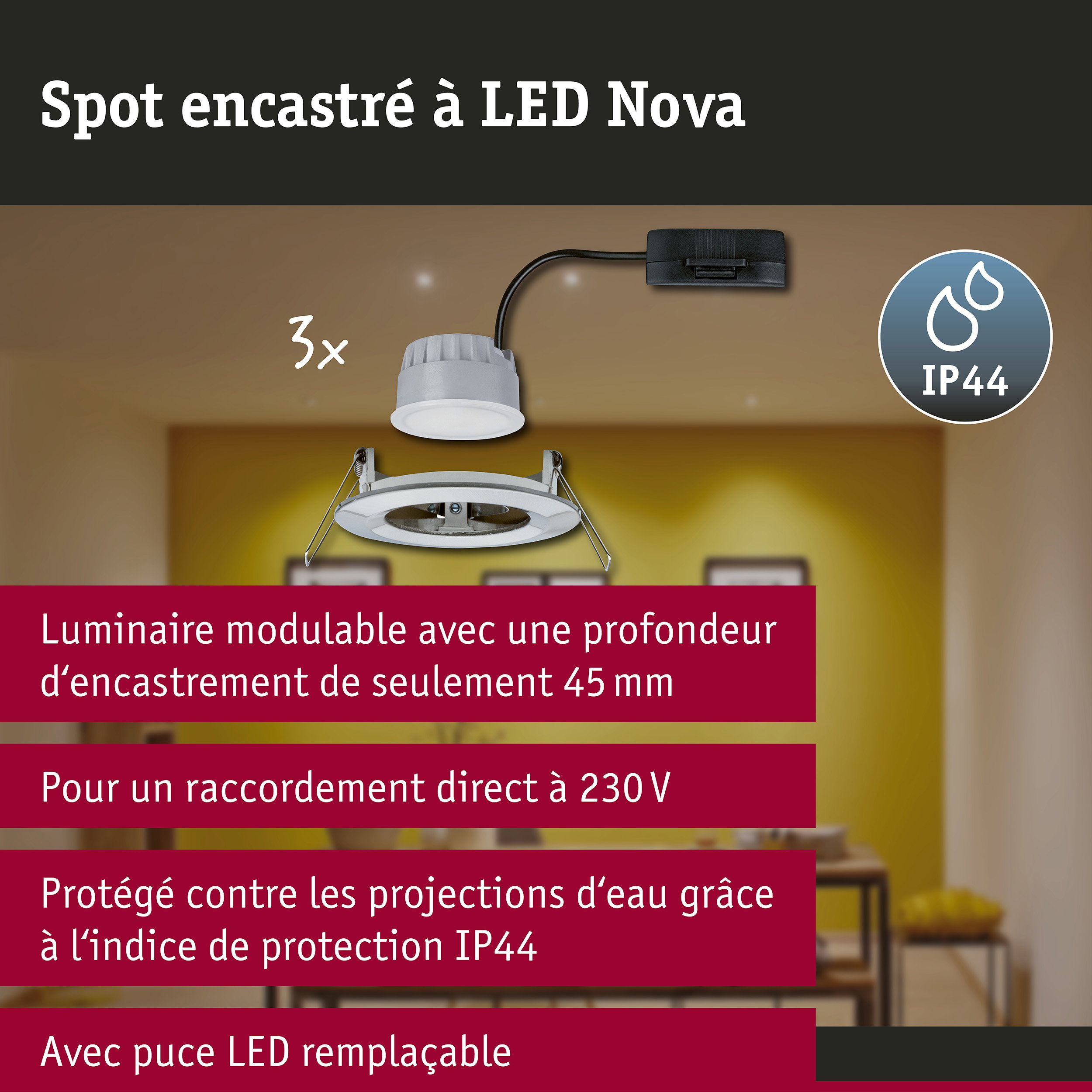 Spot encastré LED 3-Step-Dim Nova Coin Kit de base fixe IP44 rond 78mm Coin 3x6W 3x470lm 230V gradable 2700K Acier brossé