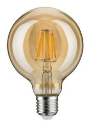 Round LED bulb with amber glass and visible filaments for decorative lighting and warm ambiance