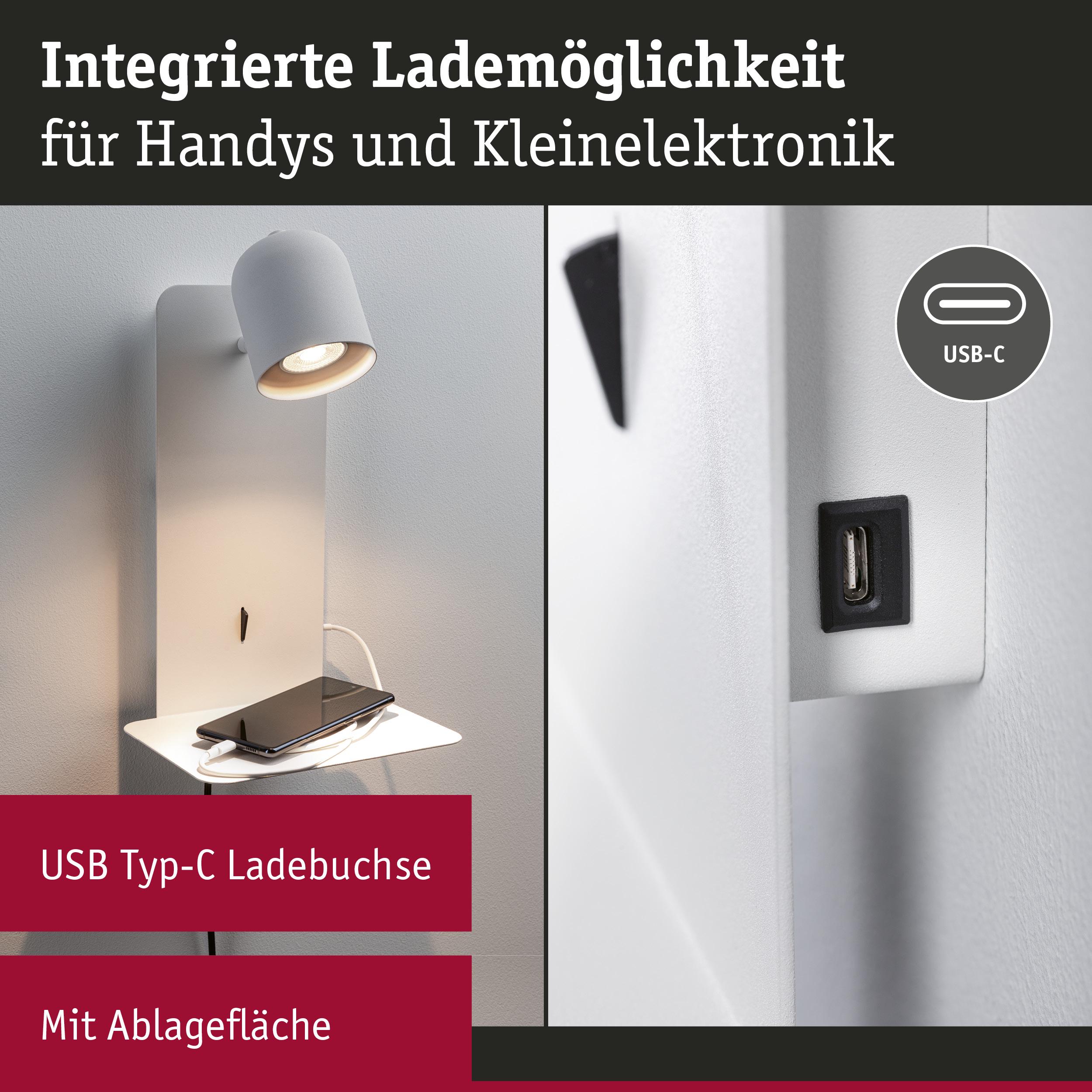 Weiße Wandlampe mit integriertem USB Typ-C Ladeanschluss und Ablagefläche für Handy und Kleingeräte