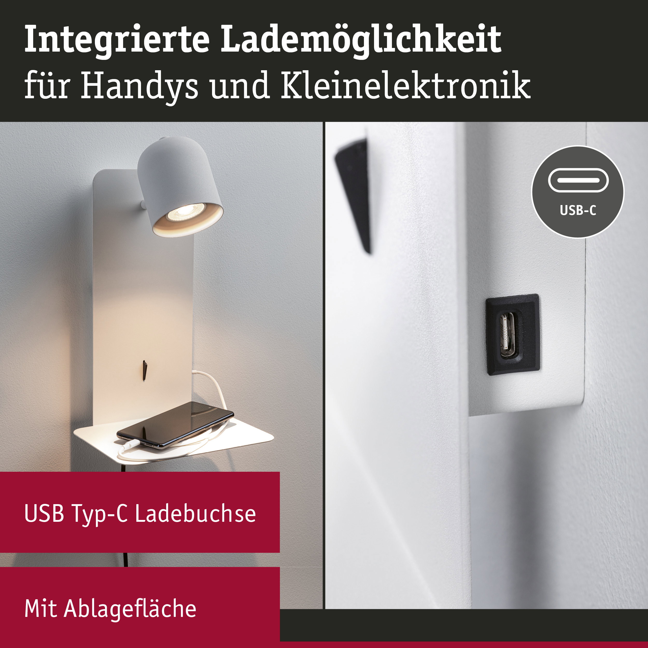 Weiße Wandlampe mit USB Typ-C Ladebuchse und Ablagefläche für Handy und Kleingeräte