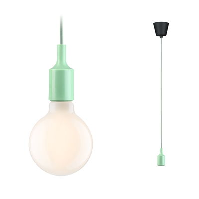 Hängelampe mit mintgrünem Kunststofffassungsring und weißer Glühbirne, moderner LED-Leuchtenschlauch
