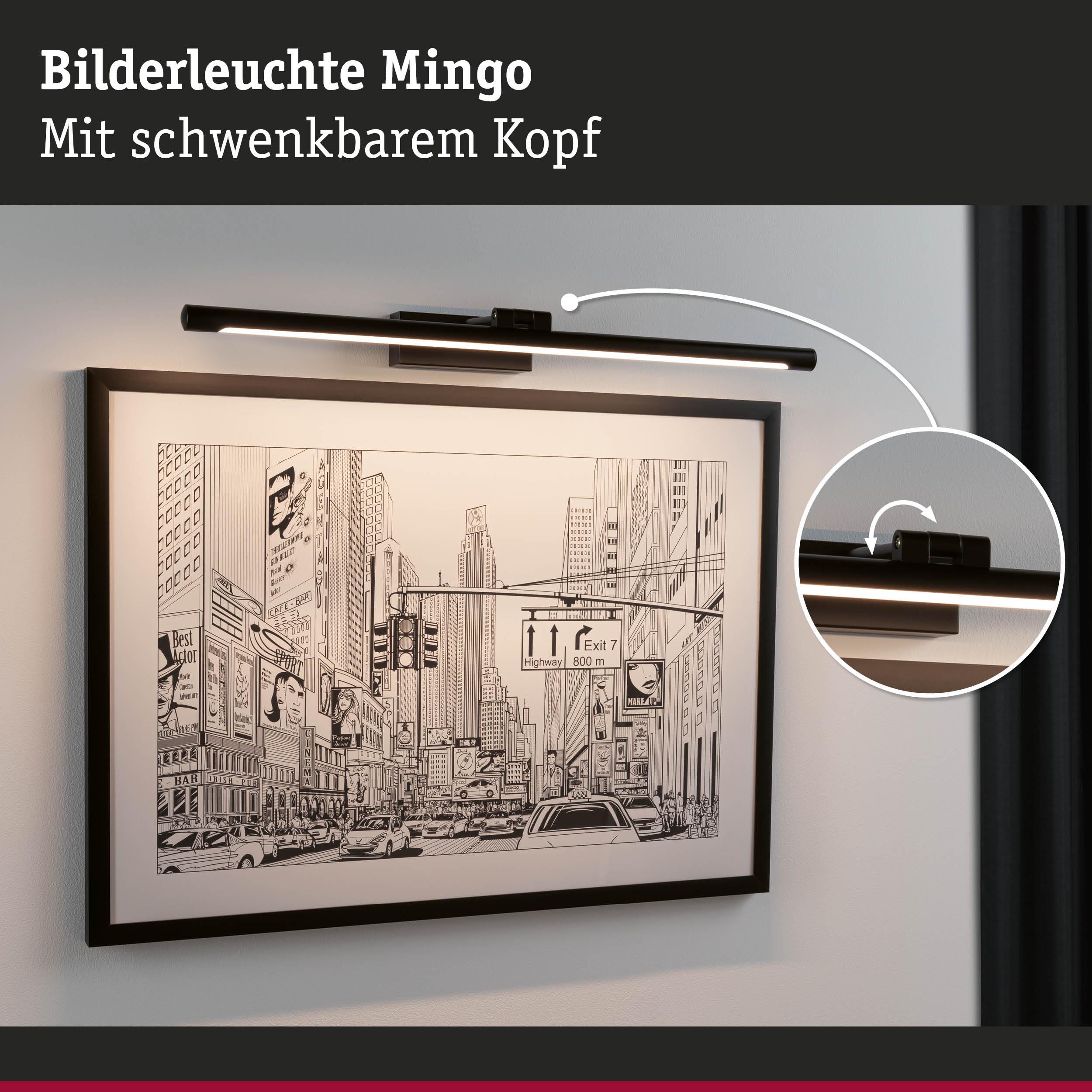 Schwarze Bilderleuchte Mingo mit schwenkbarem Kopf beleuchtet gezeichnete Stadtansicht an Wand