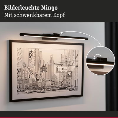 Schwarze Bilderleuchte Mingo mit schwenkbarem Kopf beleuchtet gezeichnete Stadtansicht an Wand