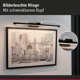 Schwarze Bilderleuchte Mingo mit schwenkbarem Kopf beleuchtet gezeichnete Stadtansicht an Wand