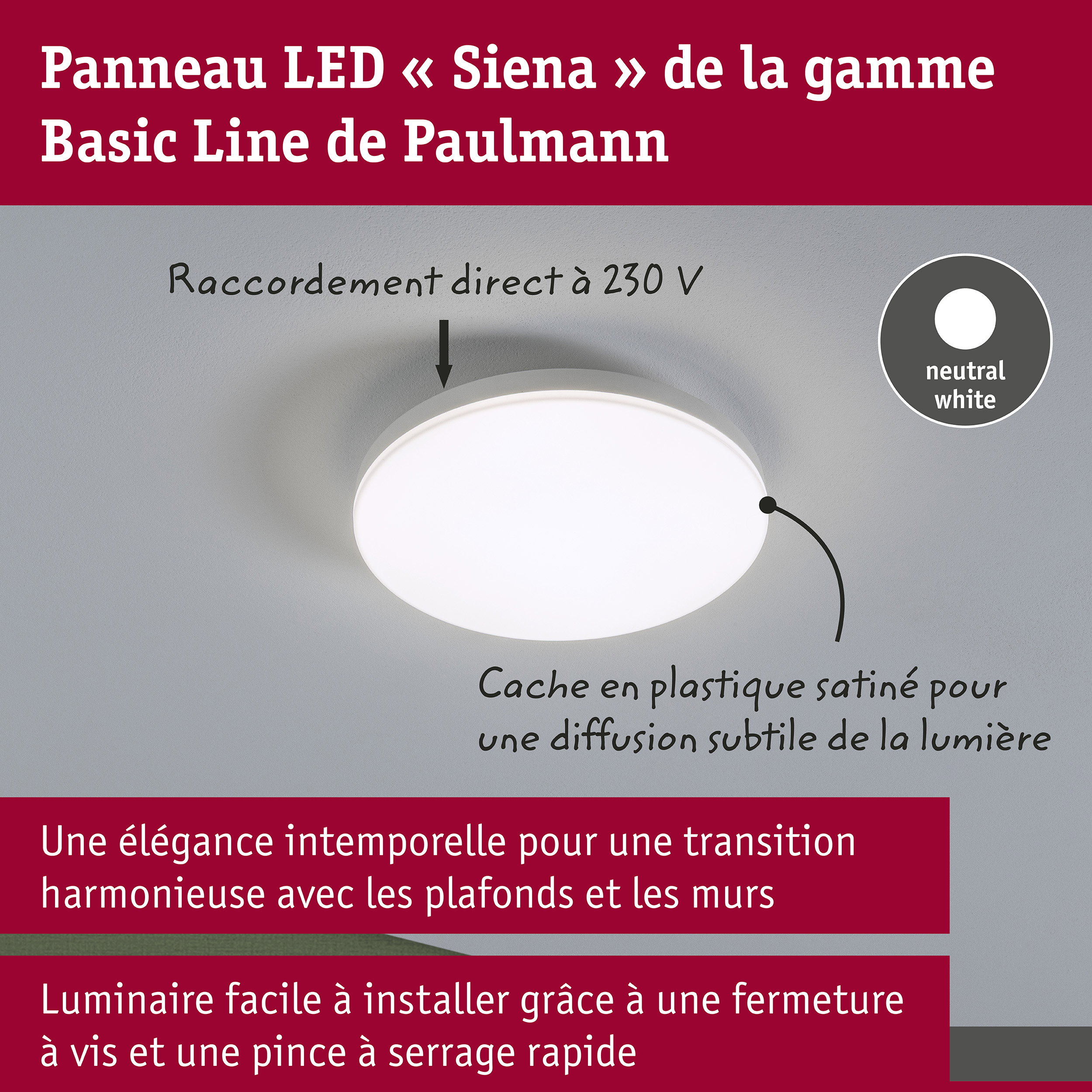 Plafonnier LED Siena 4000K 220mm 1100lm 230V 12,3W