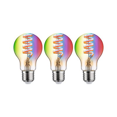 Drei LED-Glühbirnen mit spiralförmigem Leuchtfaden und buntem Glas für dekorative Beleuchtung