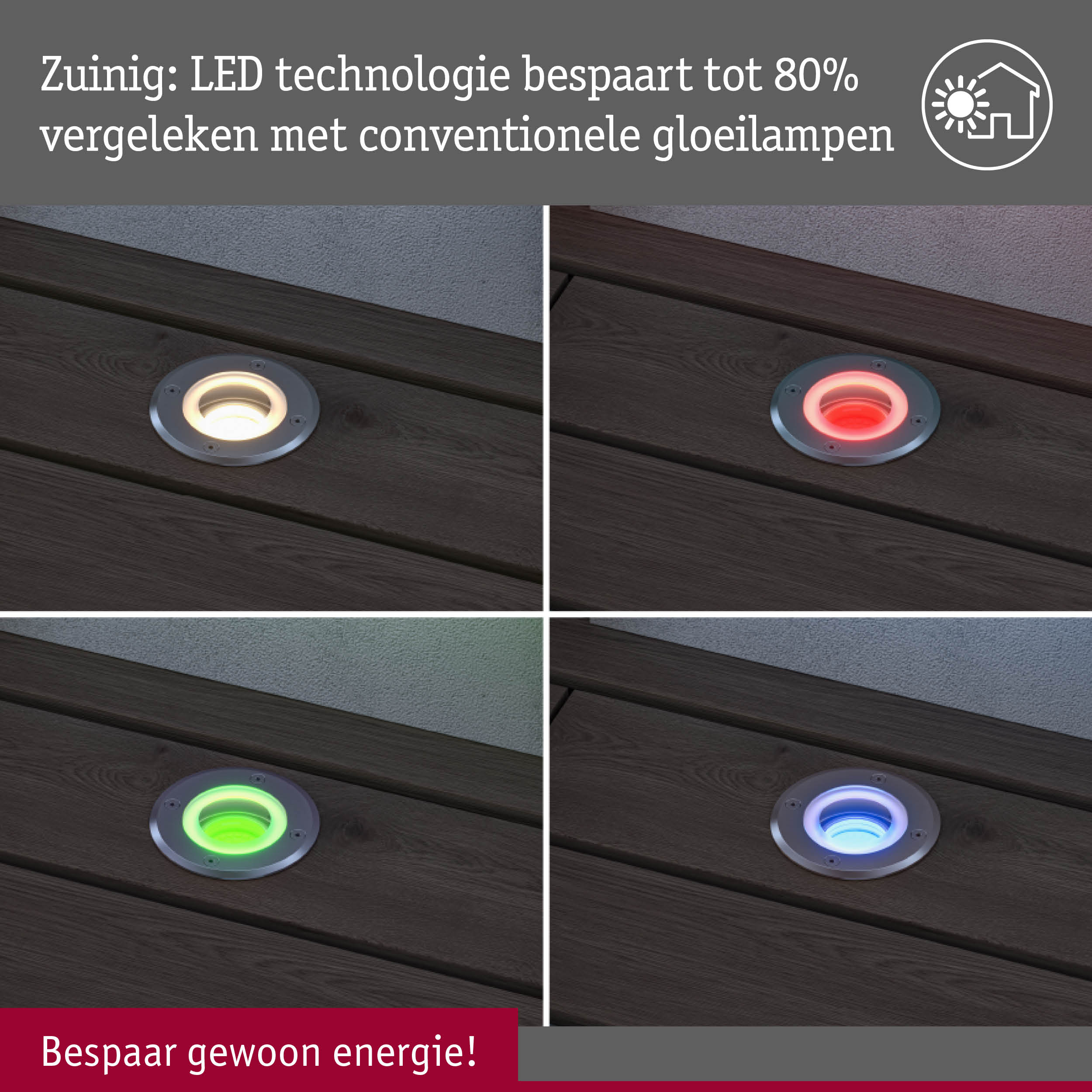 Vier ronde LED-inbouwvloerlampen in verschillende kleuren met energiezuinige LED-technologie