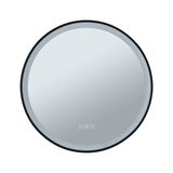 Miroir rond avec cadre noir et éclairage LED, commandes tactiles pour lumière et chauffage