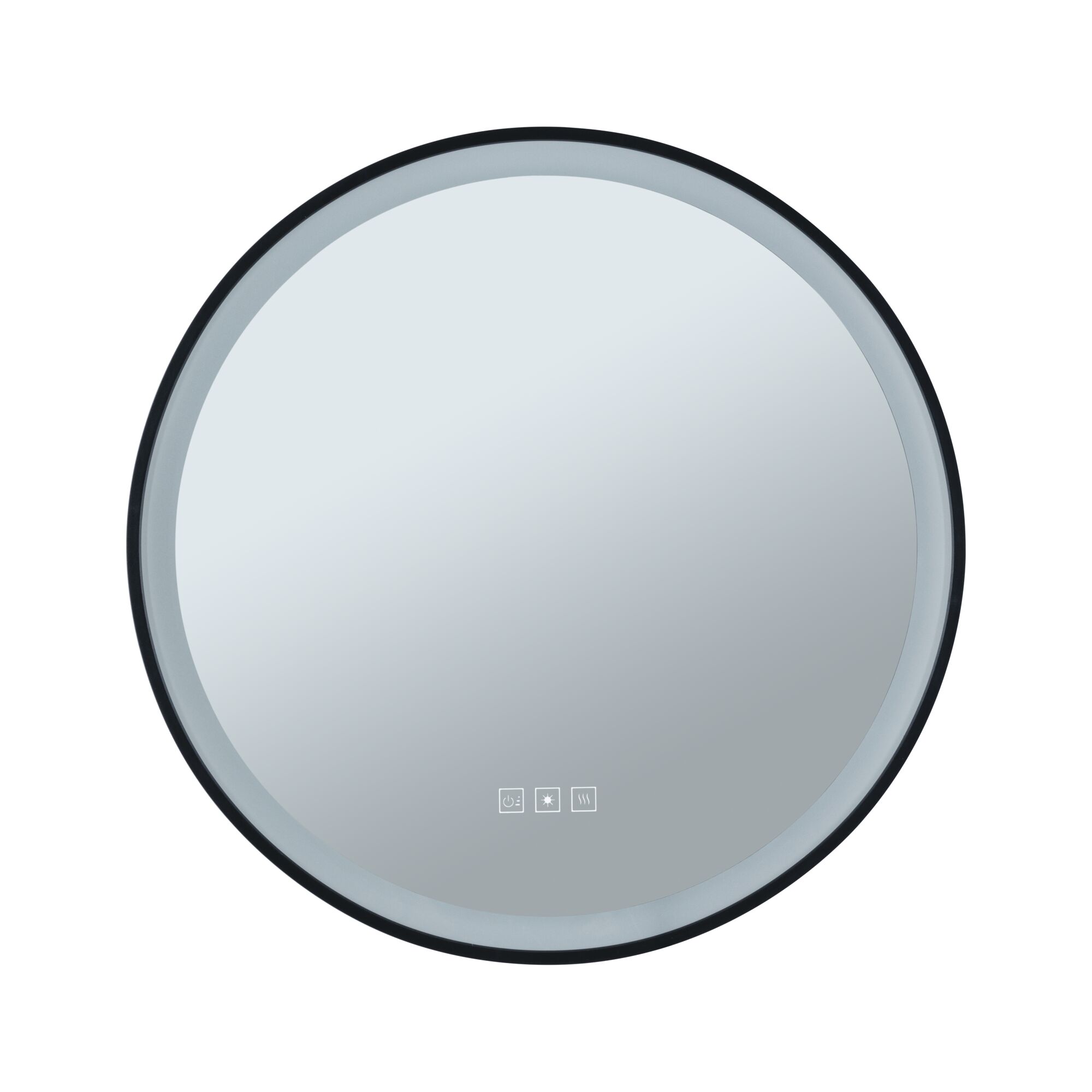 Round mirror with black frame and LED lighting, touch controls for light and heating