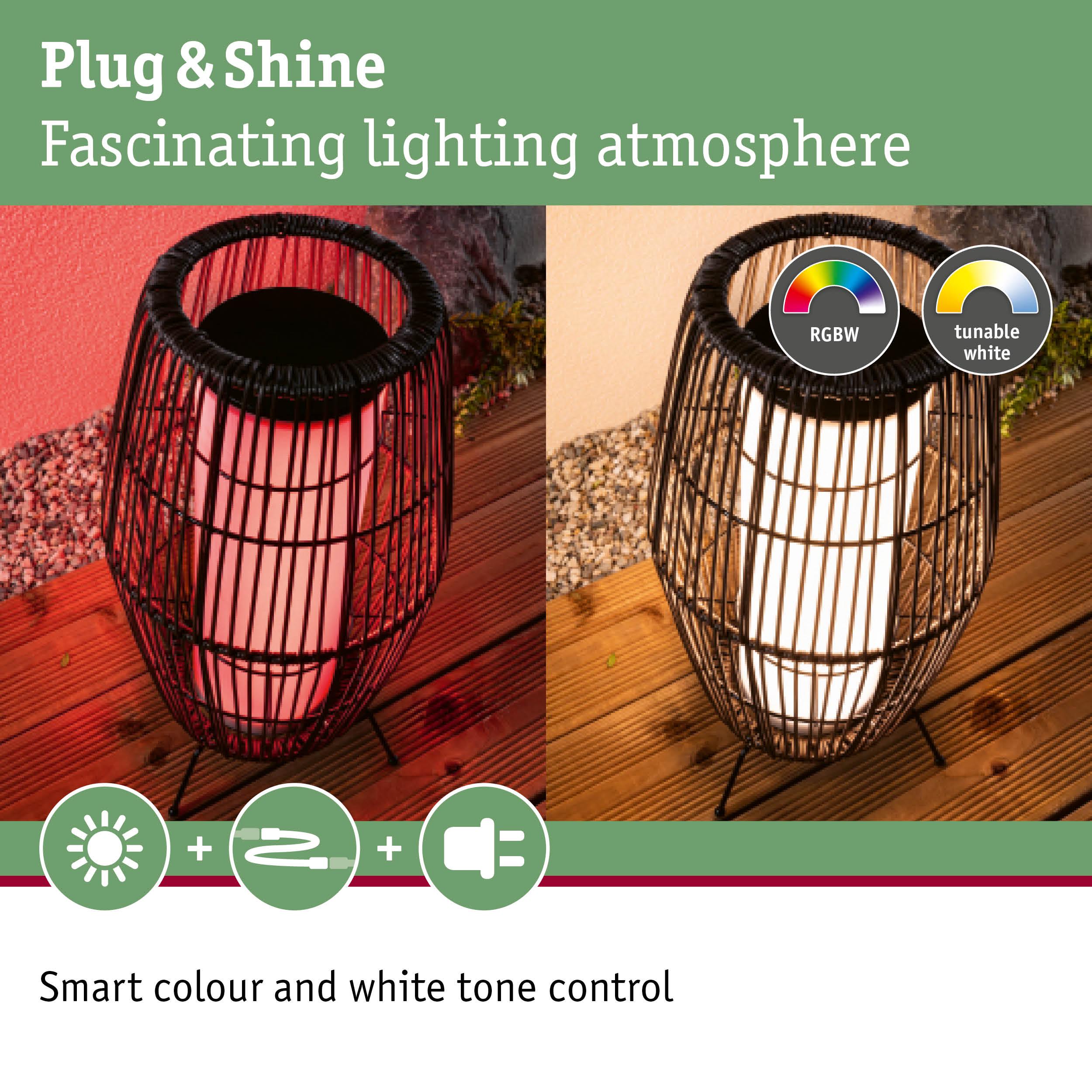 Black outdoor lamp with metal cage featuring adjustable RGBW and tunable white light for atmospheric lighting