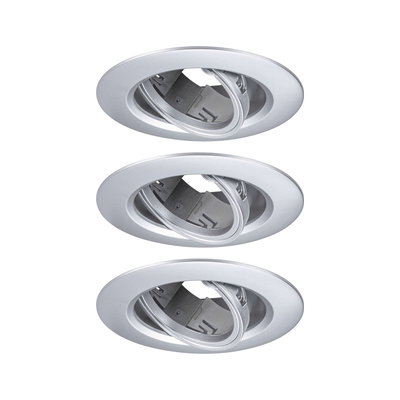 Drei silberne Einbaustrahler aus Metall mit schwenkbarem Einsatz für flexible LED-Beleuchtung.