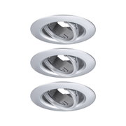 Drei silberne Einbaustrahler aus Metall mit schwenkbarem Einsatz für flexible LED-Beleuchtung.