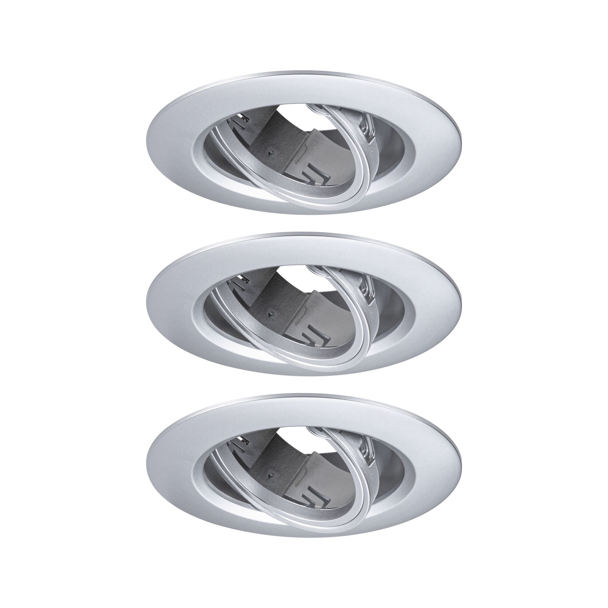 Drei silberne Einbaustrahler aus Metall mit schwenkbarem Einsatz für flexible LED-Beleuchtung.