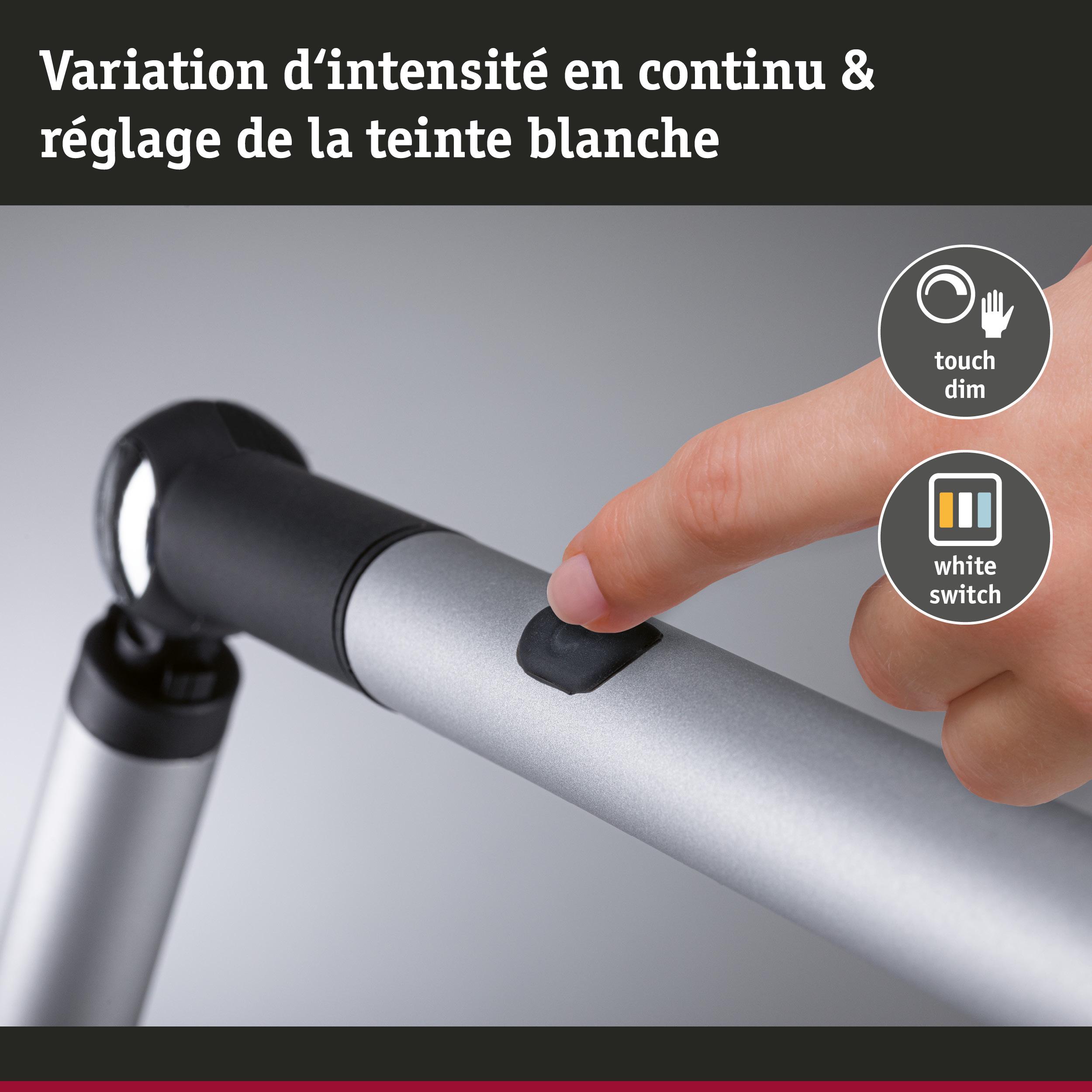 Bras de lampe LED argenté avec interrupteur noir pour variation d'intensité continue et réglage blanc