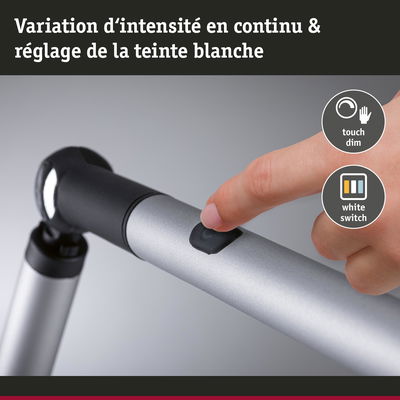 Bras de lampe LED argenté avec interrupteur noir pour variation d'intensité continue et réglage blanc