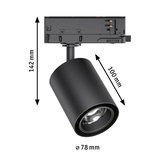 Schwarzer LED-Spot aus Metall mit 78 mm Durchmesser und 142 mm Höhe, ideal für moderne Beleuchtung.