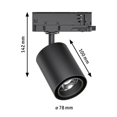 Schwarzer LED-Spot aus Metall mit 78 mm Durchmesser und 142 mm Höhe, ideal für moderne Beleuchtung.