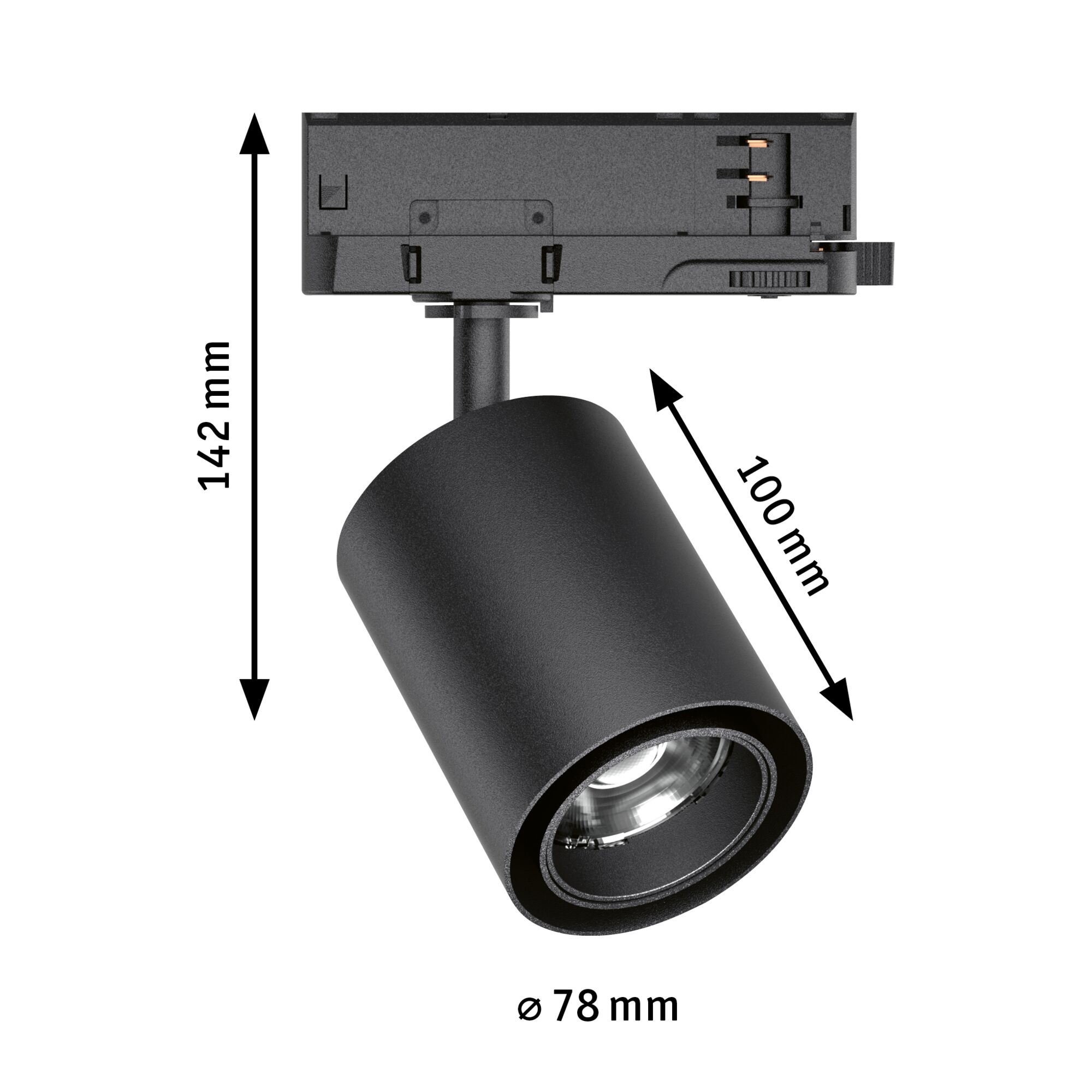 Schwarzer LED-Spot aus Metall mit Maßen 142 mm Höhe und 78 mm Durchmesser für moderne Beleuchtung
