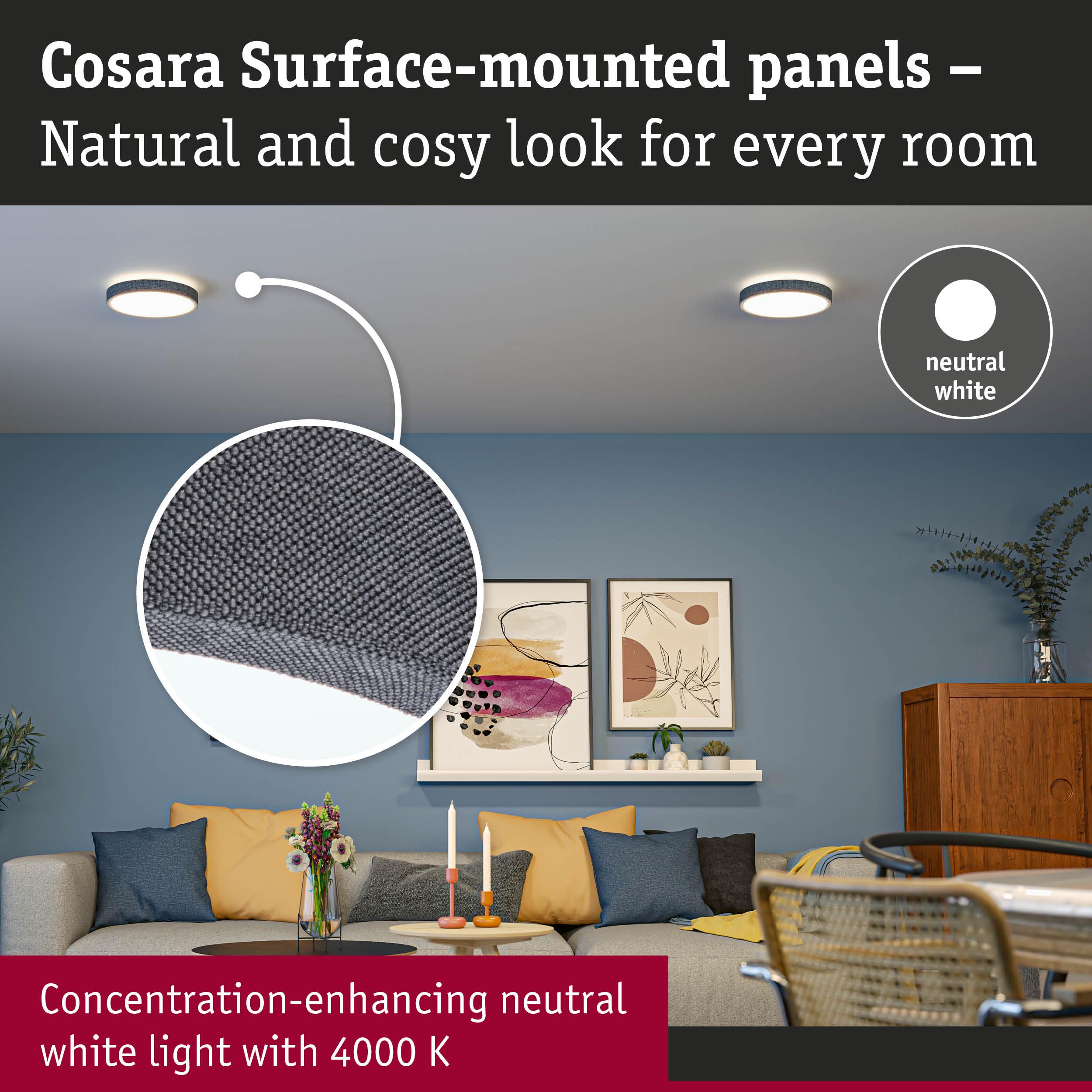 Cosara surface-mounted ceiling light with grey fabric edge and neutral white light for living rooms
