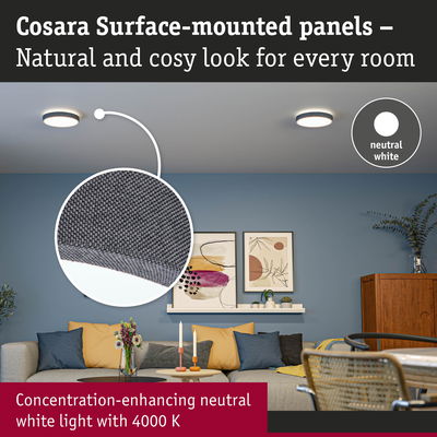Cosara surface-mounted ceiling light with grey fabric edge and neutral white light for living rooms