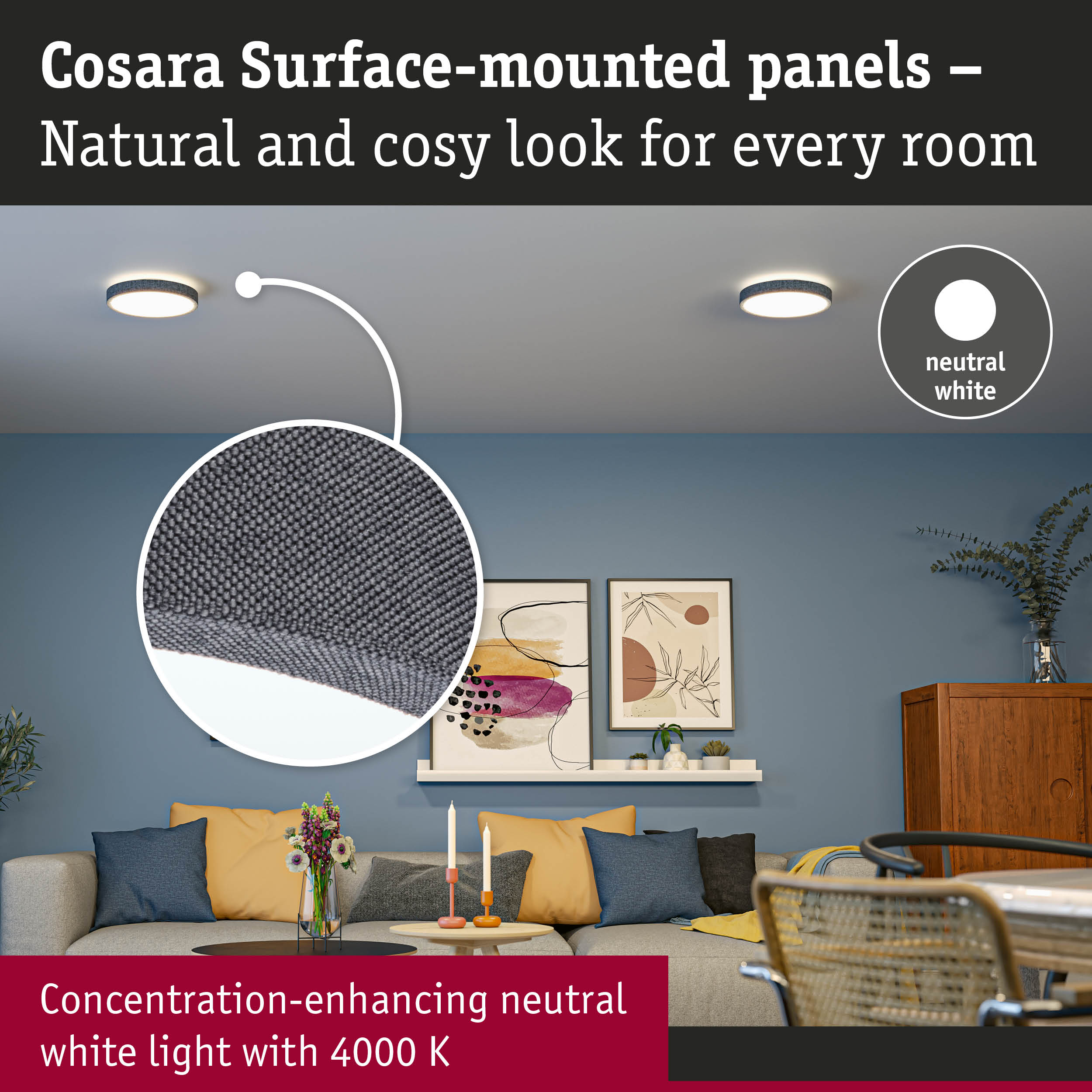 Cosara surface-mounted panels with grey fabric and neutral white light for cozy rooms