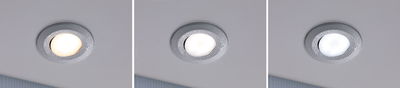 Round LED recessed spotlights with silver metal frame and water droplets, showing different light colors.