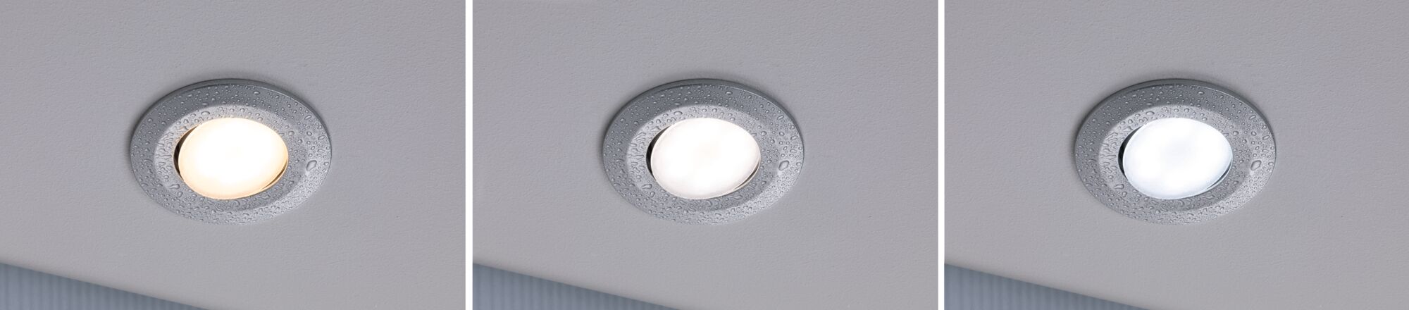 Ensemble de spots LED encastrés ronds avec cadre métallique argenté et gouttes d'eau, différentes couleurs de lumière.