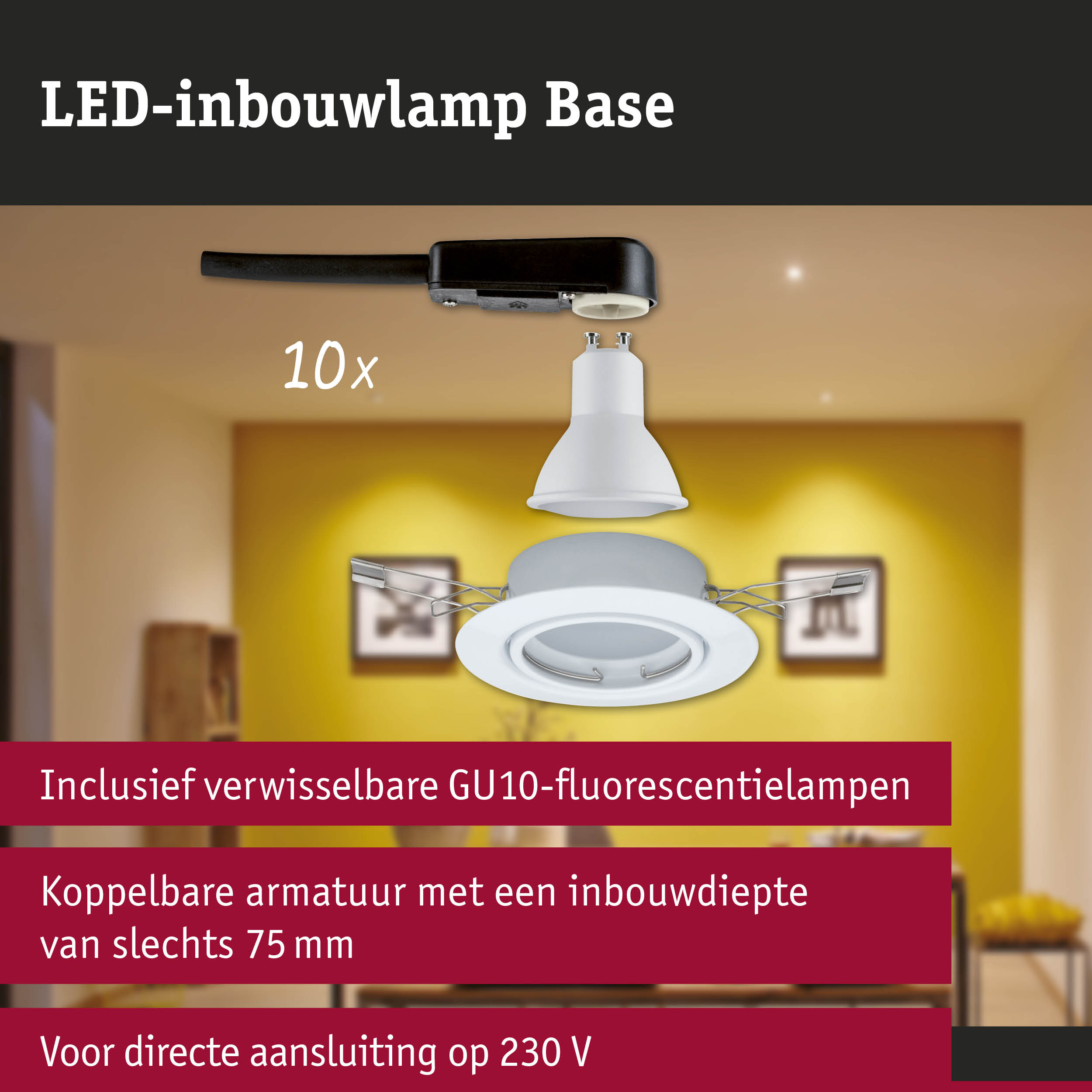 LED-inbouwlamp Base met witte GU10-lamp en zwarte kabel voor energiezuinige verlichting