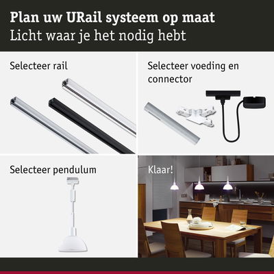 Modulair URail-systeem met zwarte, witte en aluminium rails, pendellamp en connectoren voor maatwerkverlichting