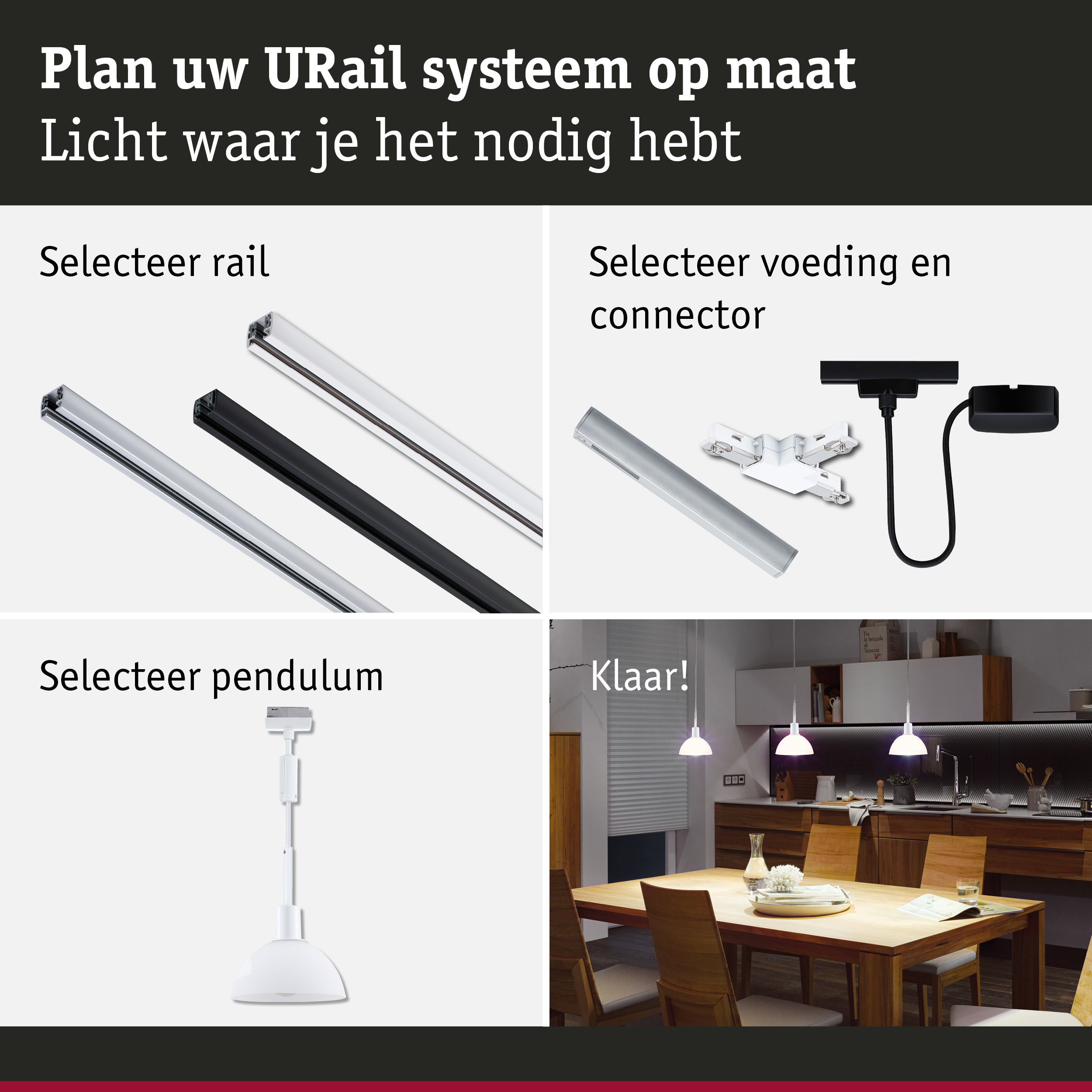 Modulair URail railsysteem met witte en zwarte rails, connectoren en pendellamp voor flexibele verlichting