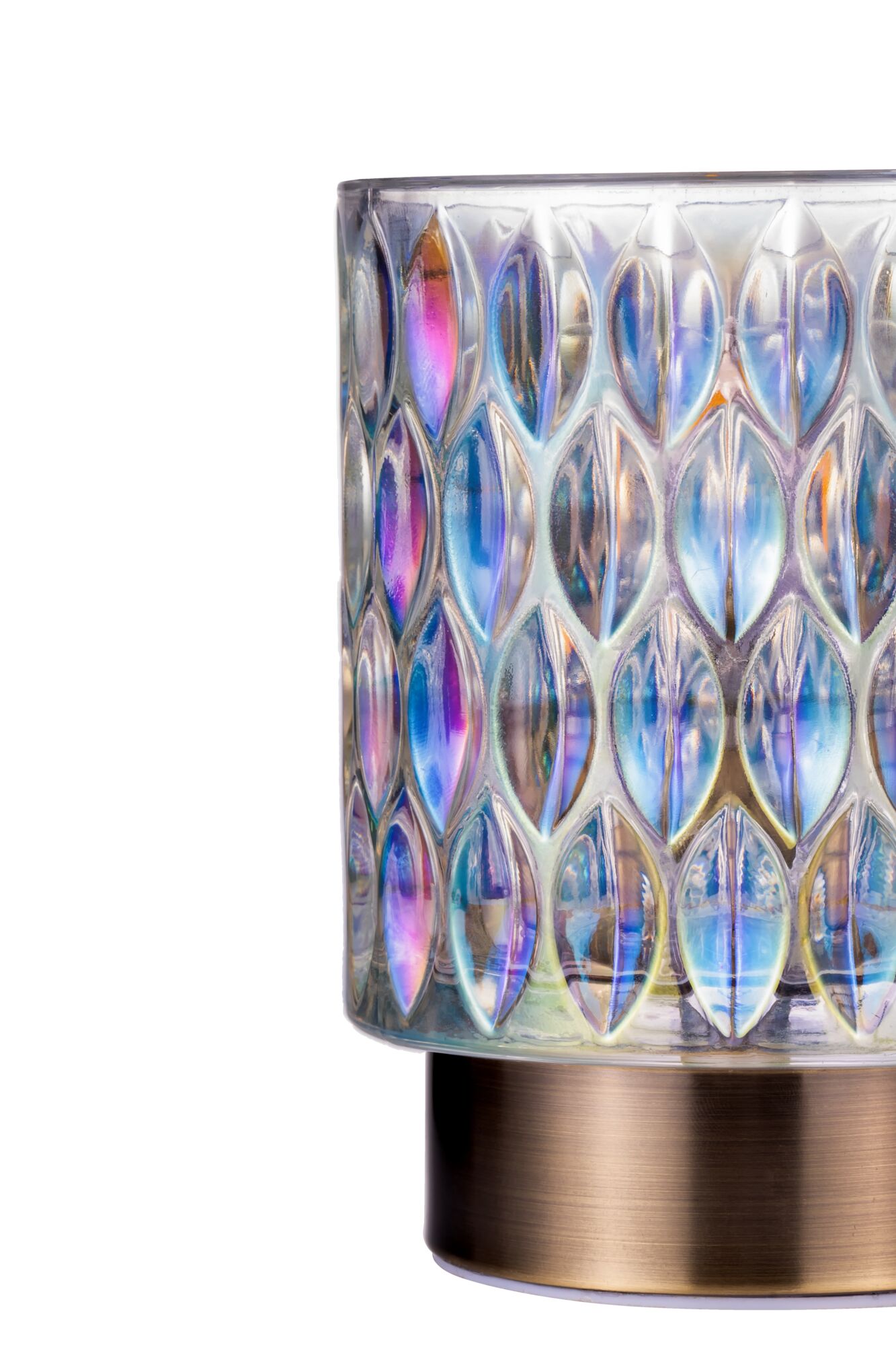 Glasbordlampe med iriserende mønster og bronze metalfod til elegant belysning i hjemmet