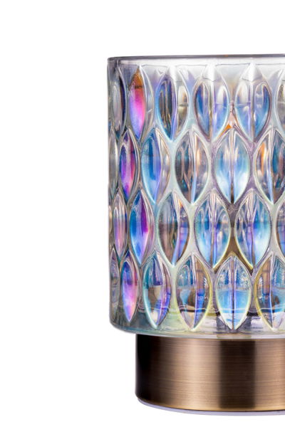 Glasbordlampe med iriserende mønster og bronze metalfod til elegant belysning i hjemmet