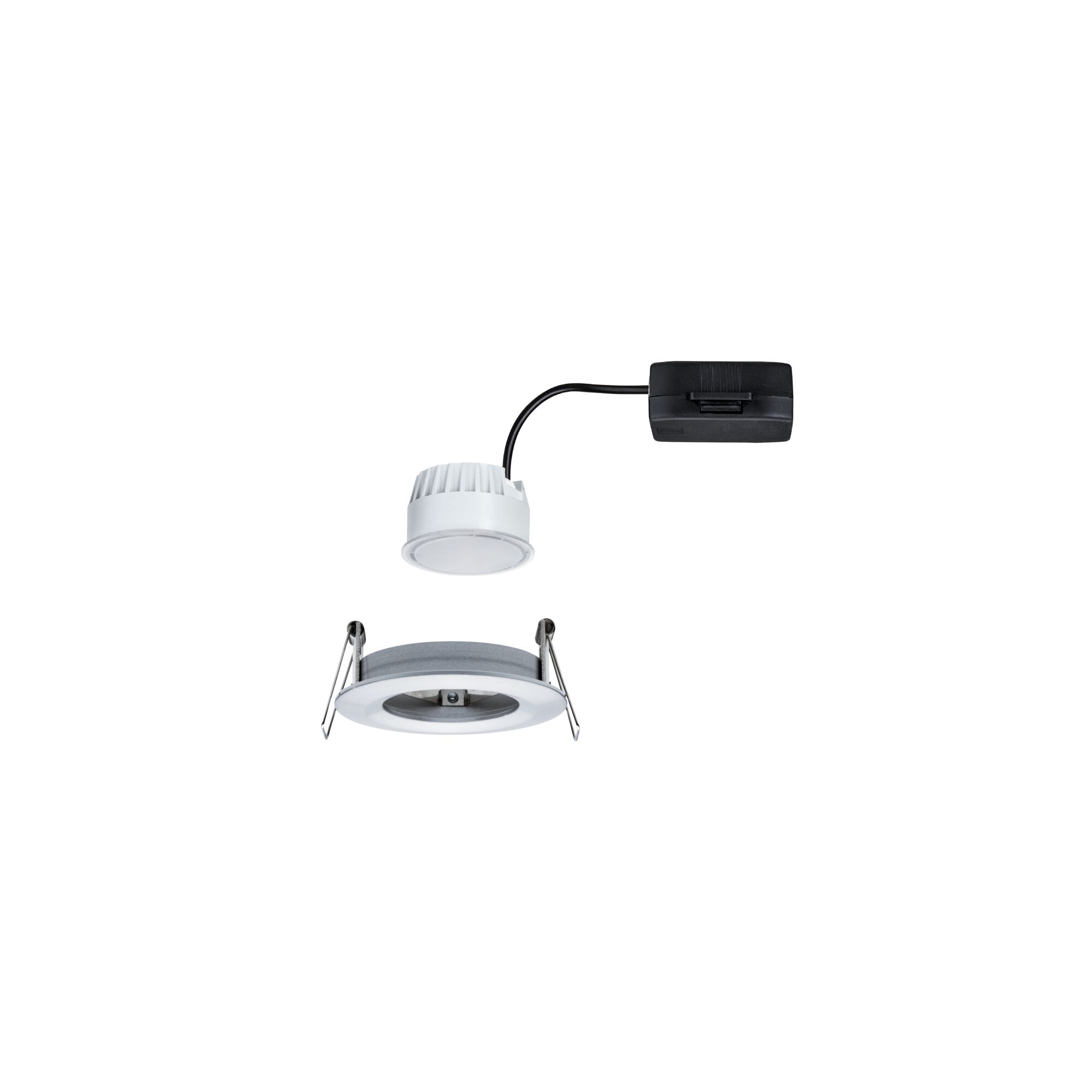 White LED recessed spotlight with black connector cable and metal springs for ceiling installation, LED lighting