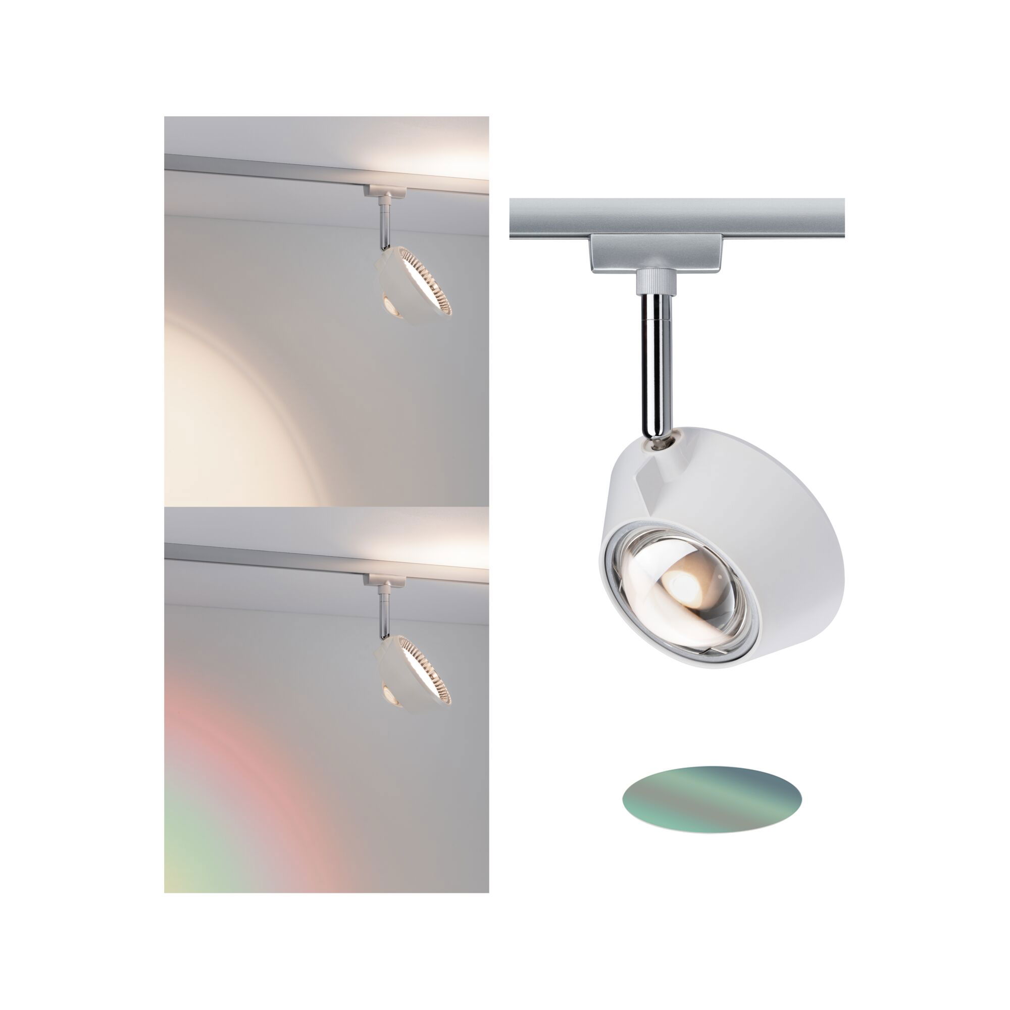 Spot LED blanc en métal sur rail avec angle réglable et filtre couleur pour éclairage d'accentuation