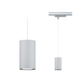 Two matte grey cylindrical pendant lights made of metal for track systems, modern LED lighting fixtures