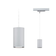 Zwei zylindrische Pendelleuchten in mattem Grau aus Metall für Schienensysteme, moderne LED-Beleuchtung