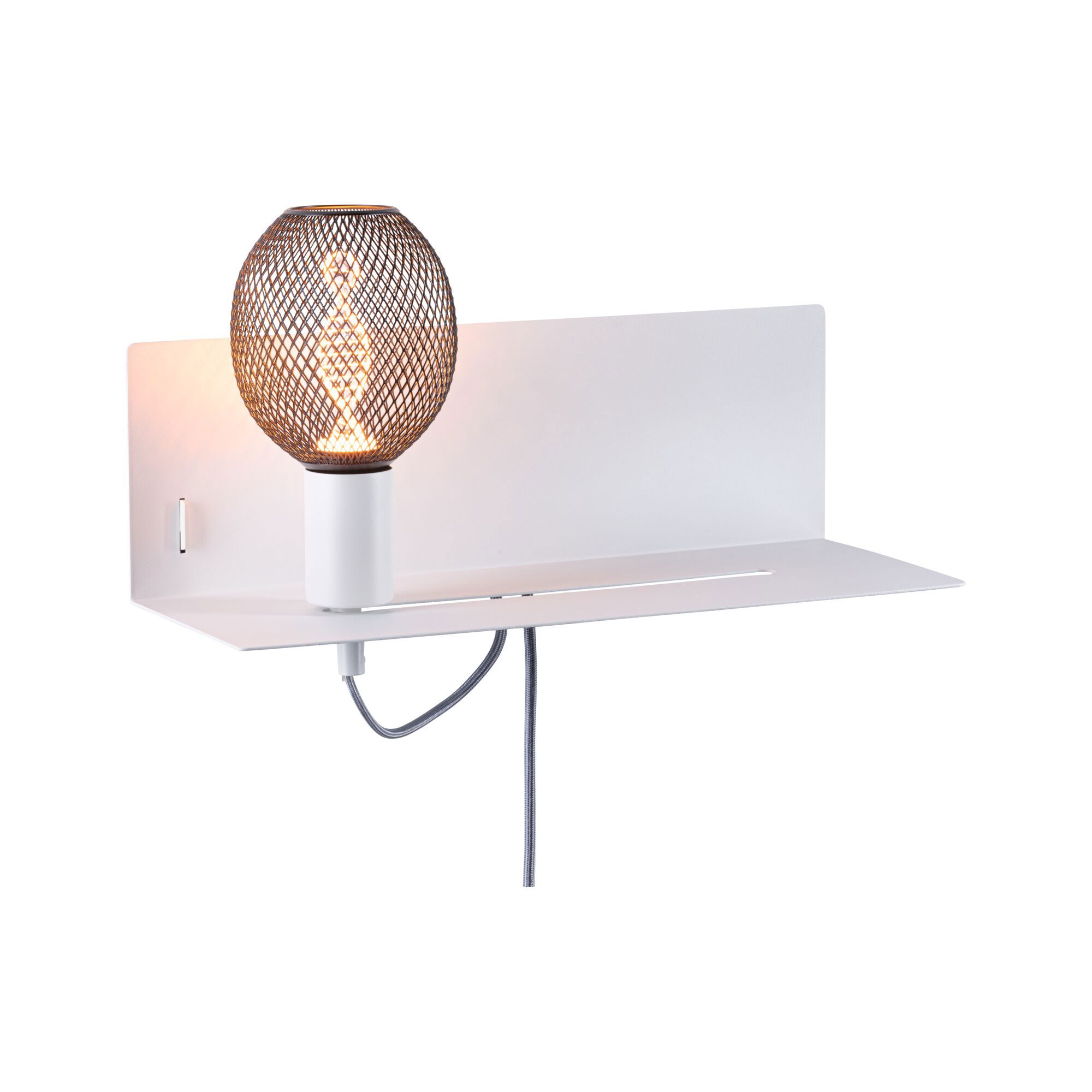 Weiße Wandlampe mit schwarzem Metallgitter und warmem Licht, modernes Design für Wohnräume