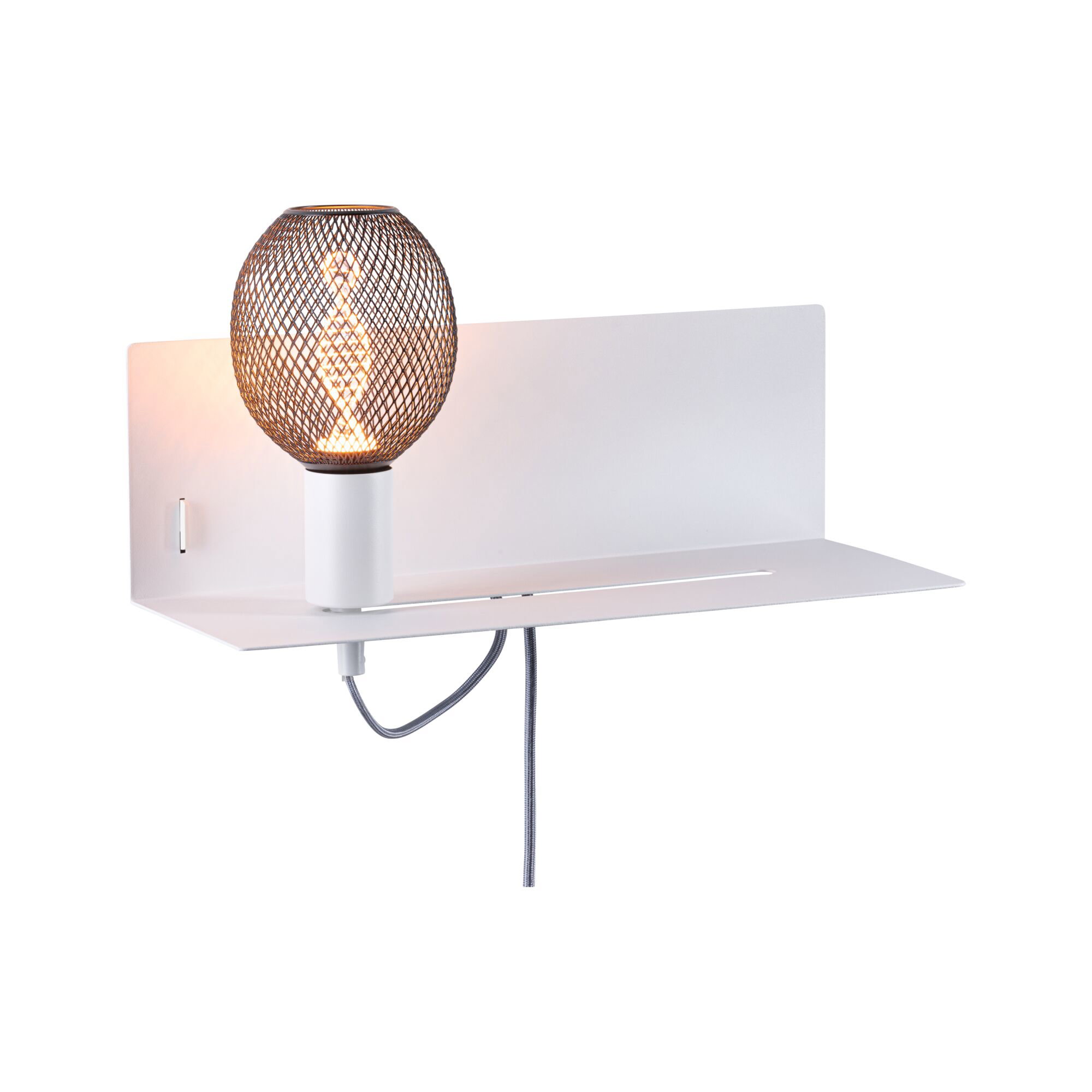 Weiße Wandlampe mit schwarzem Metallgitter und warmem Licht, modernes Design für Wohnräume
