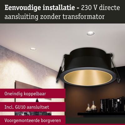 Zwarte inbouwspot met gouden binnenring voor eenvoudige 230V directe aansluiting zonder transformator