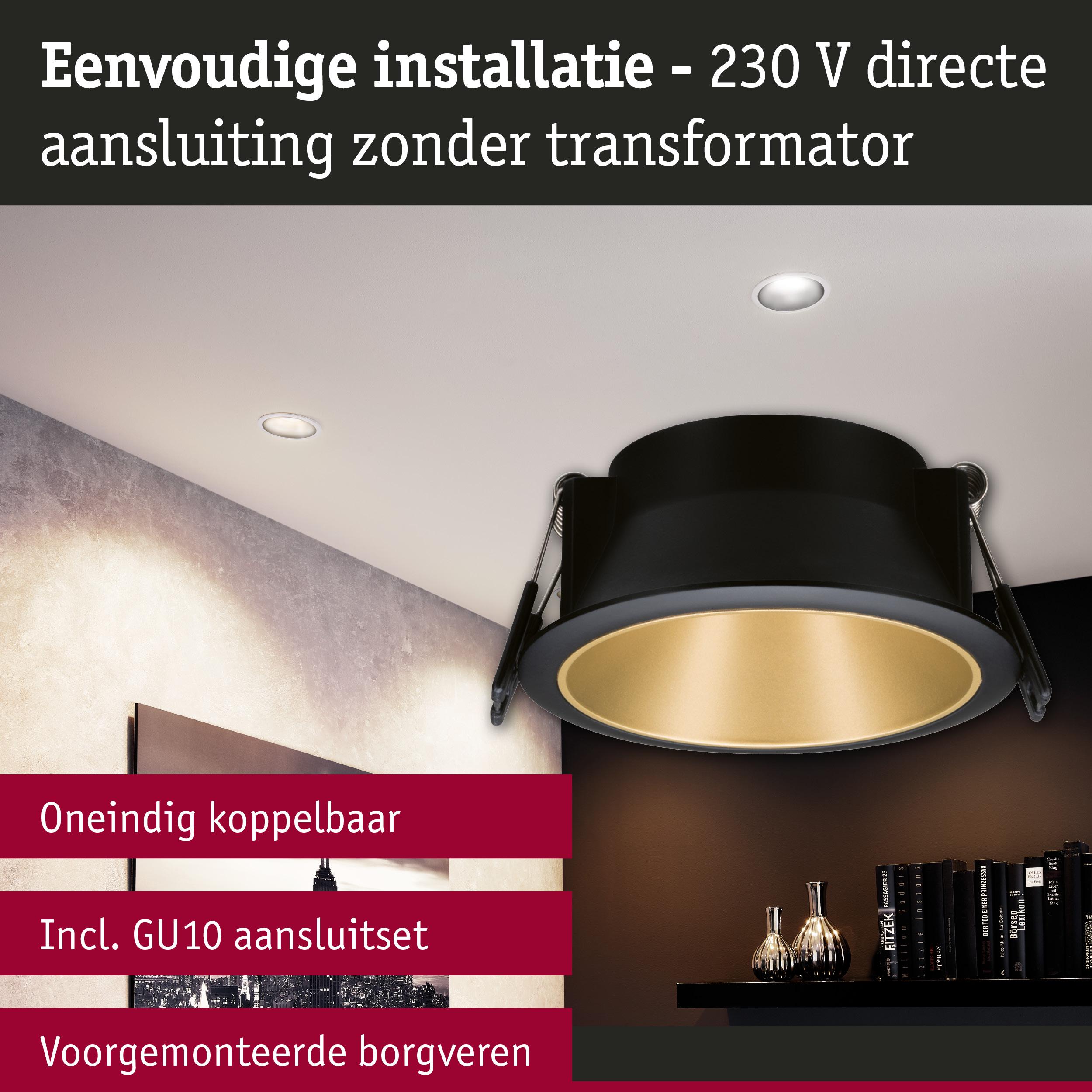 Zwarte inbouwspot met gouden binnenring voor eenvoudige 230V directe aansluiting zonder transformator