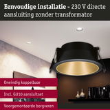 Zwarte inbouwspot met gouden binnenring voor eenvoudige 230V directe aansluiting zonder transformator