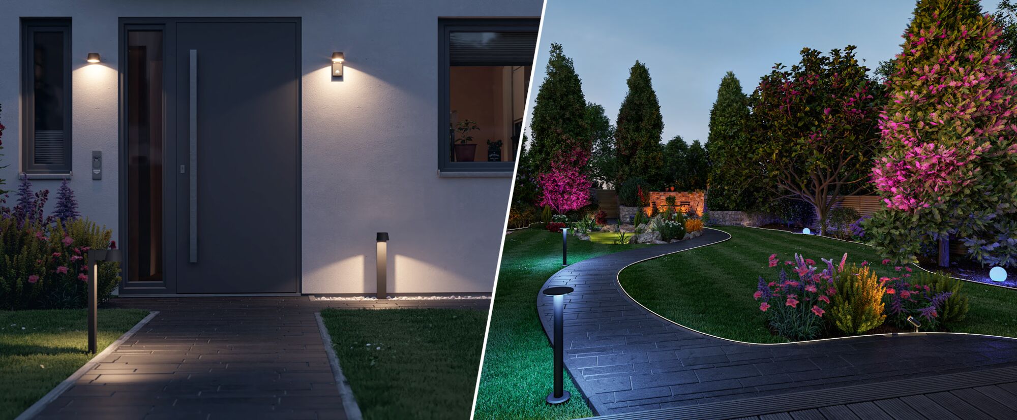 Moderne tuin- en buitenverlichting met zwarte LED-padverlichting en wandlampen aan huisgevel 's nachts