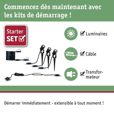 Kit de démarrage avec trois lampes LED noires, câble et transformateur pour éclairage extérieur.