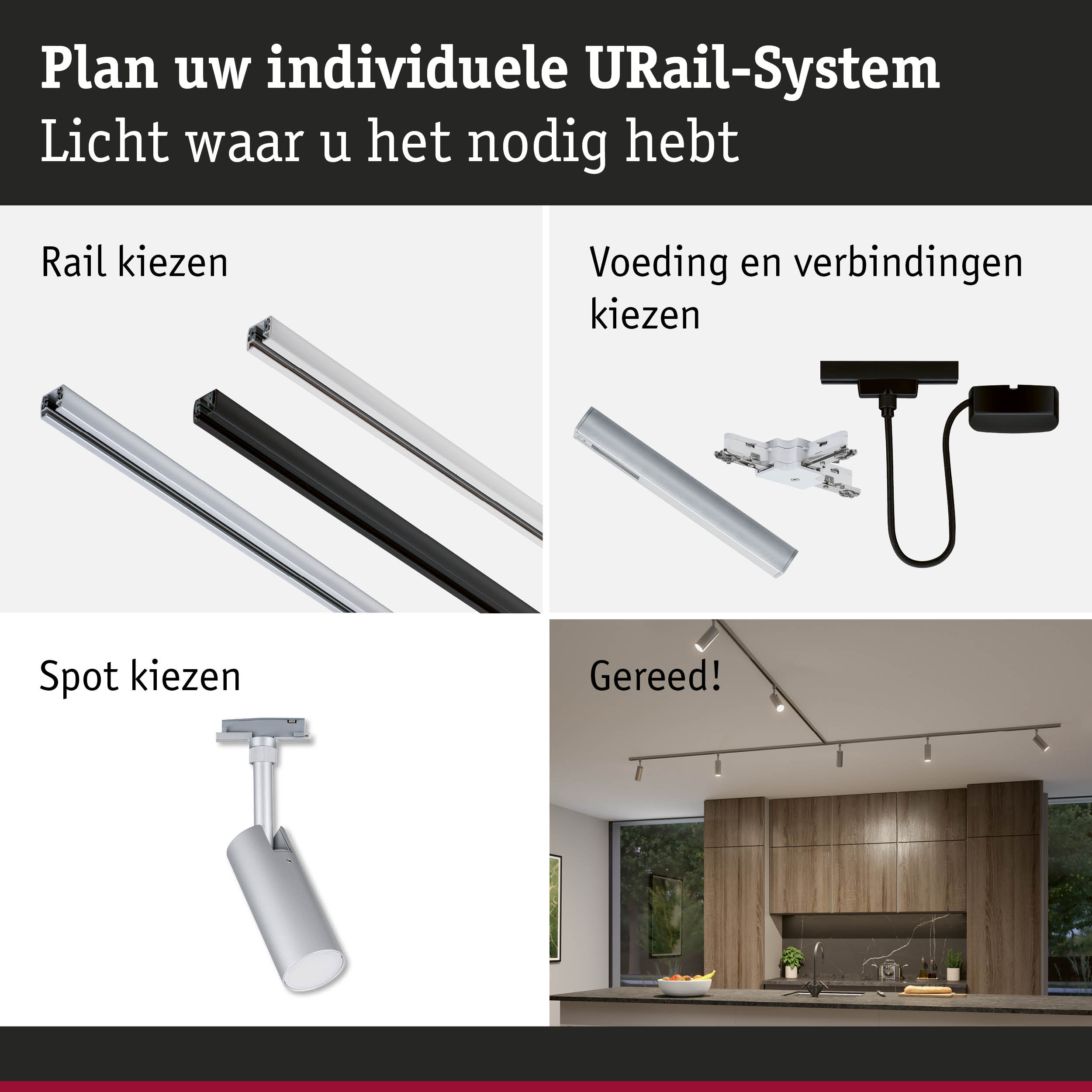 Modulair URail-systeem met aluminium rails en LED-spots voor flexibele binnenverlichting