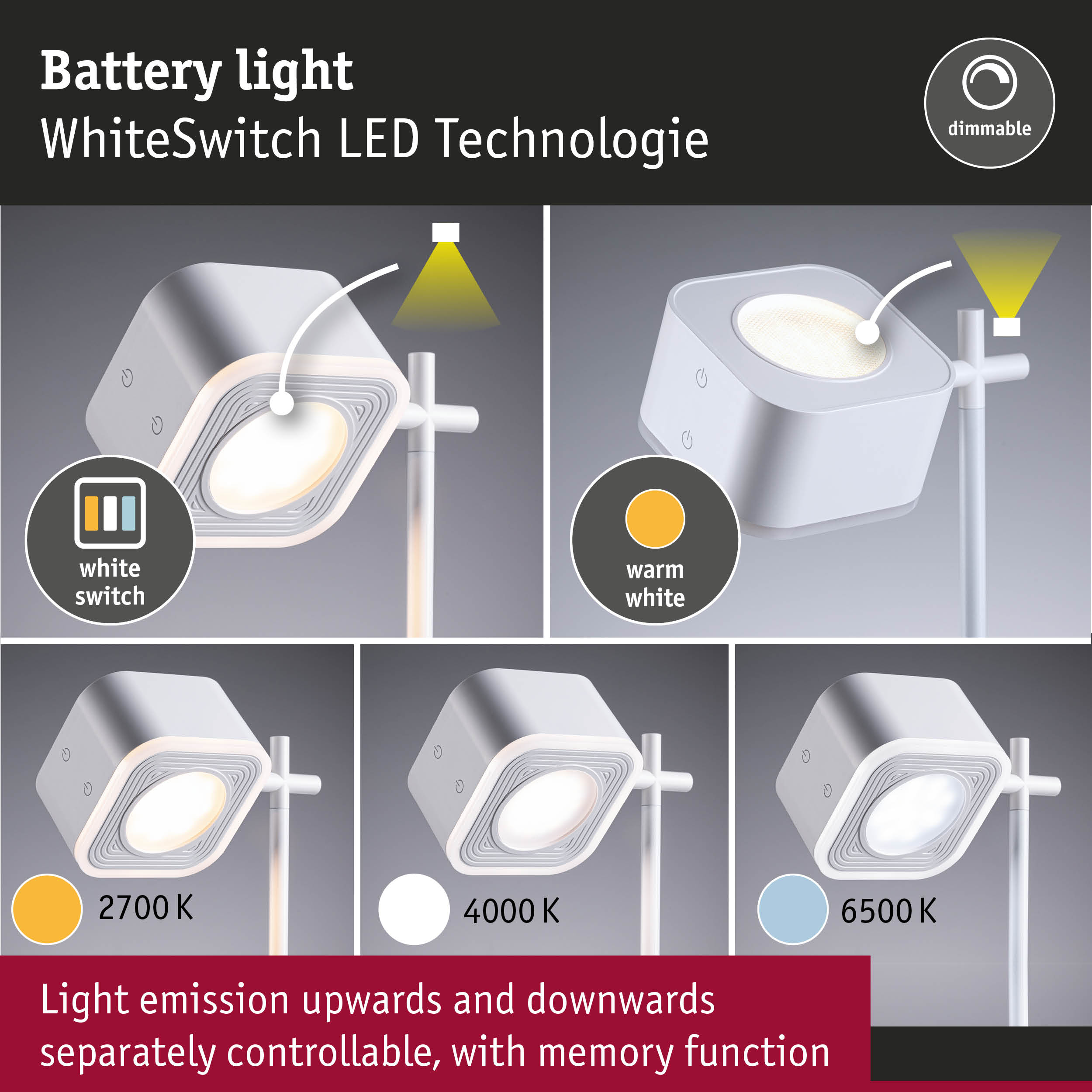 White LED spotlight with dimmable WhiteSwitch technology and adjustable color temperature from 2700K to 6500K