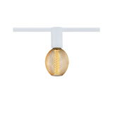 Moderner weißer Stromschienenstrahler mit goldfarbenem Metallgitter und warmweißem LED-Licht