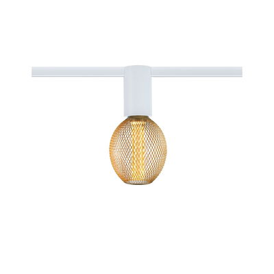 Moderner weißer Stromschienenstrahler mit goldfarbenem Metallgitter und warmweißem LED-Licht