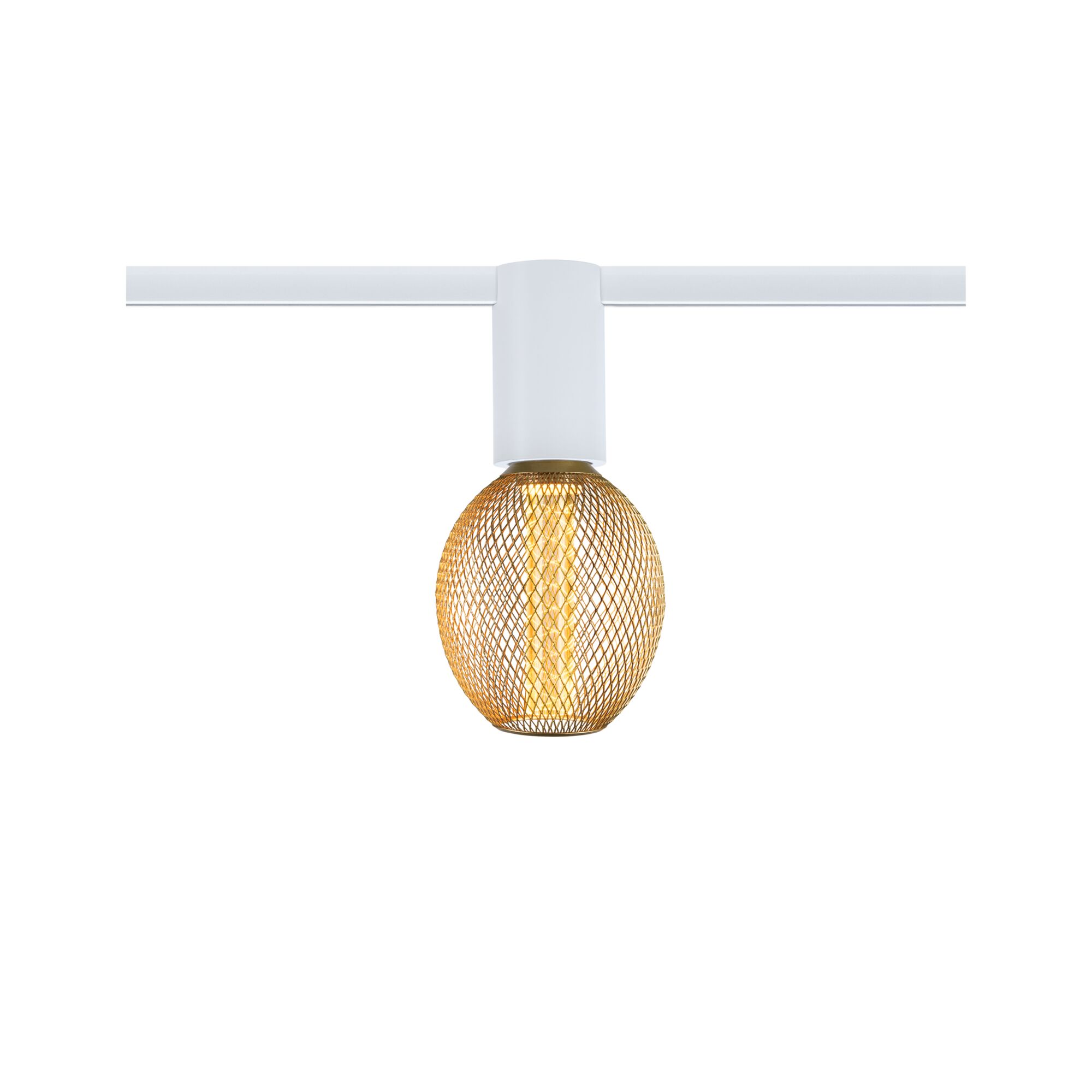 Moderner weißer Stromschienenstrahler mit goldfarbenem Metallgitter und warmweißem LED-Licht